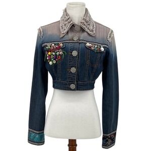 Freda Five Crop Denim Jacket Beaded Embroidered Boho‎ Indie Y2K Festival Sz M